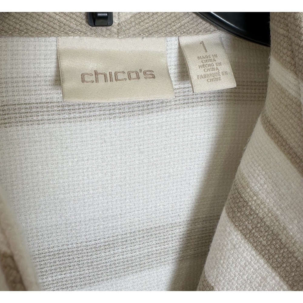Womens CHICO'S Modern Striped Duster Jacket Tan White Open Front Sz 1 M 8 - Picture 4 of 4